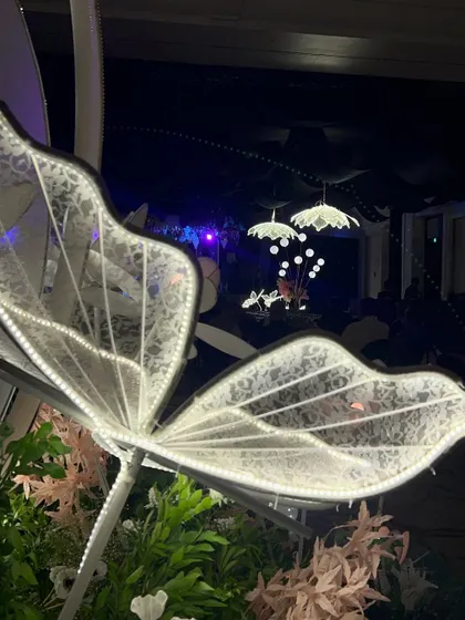 Details from an 'Enchanted Night' sangeet, where we used custom-lit butterfly props and vibrant florals to transform an indoor ballroom.