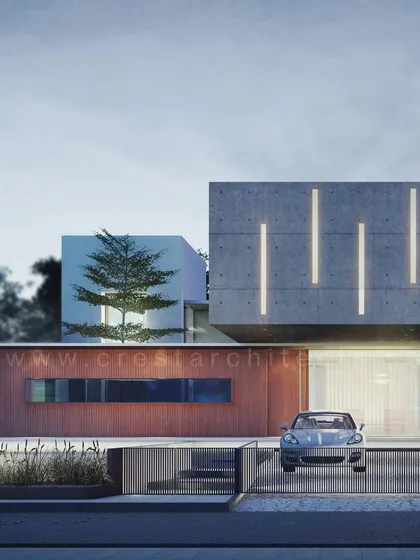This 3D visualization of the Long House demonstrates the intended aesthetic of the finished project, showcasing the clean lines, material contrast, and the dramatic effect of the 23-foot cantilever.