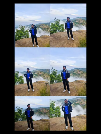 A collage showing a trekker posing against the stunning backdrop of clouds and hills at Skandagiri, capturing the joy of the moment.