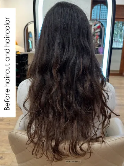 Before and after a "Biscuit Brown" with caramel drizzle. You can see how we corrected the uneven tones and gave her a richer base color with subtle, brightening highlights.