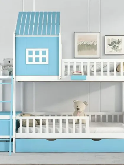 A cute blue and white bunk bed with a house-shaped detail, perfect for a little one's room.