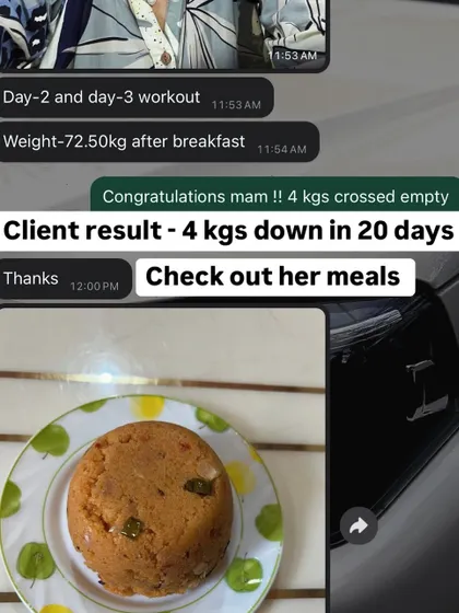 4 kgs down in 20 days for this working professional. She is happy with her progress and the easy-to-prepare home-based meals that fit her busy schedule.