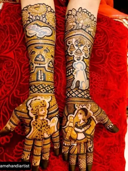 An example of how I incorporate truly personal elements into bridal mehendi. This design features beautiful portraits of the bride and groom, along with a special illustration of their beloved pet dog, making it a unique and heartfelt piece.