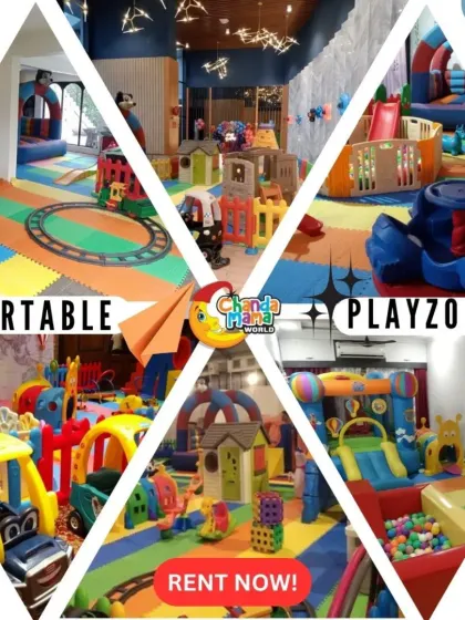 A four-quadrant collage of portable playzones. Each section shows a different vibrant, action-packed setup, from a large indoor area with a train track to a cozy corner with a bouncy castle.