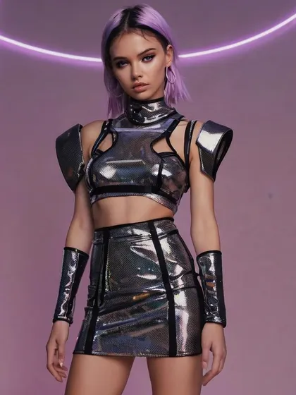 An AI-generated two-piece set in a metallic silver finish, featuring a crop top with structured shoulder pads and a matching mini skirt. This concept explores futuristic armor-like elements for fashion.