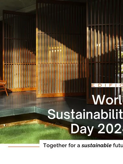 Our post for World Sustainability Day 2024, featuring an image of wooden screens filtering light. It represents our commitment to designing spaces that harmonize with nature.