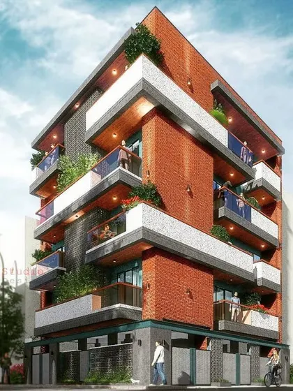 A corner perspective of the apartment concept, showcasing its dynamic massing and the interplay of private balconies and shared green spaces.