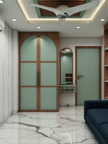 This view shows the other side of the multi-functional room, featuring a stylish wardrobe and vanity area with elegant arched doors.