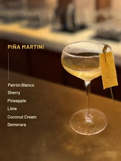 The Piña Martini, a tropical and creamy cocktail featuring Patrón Blanco, sherry, and pineapple.