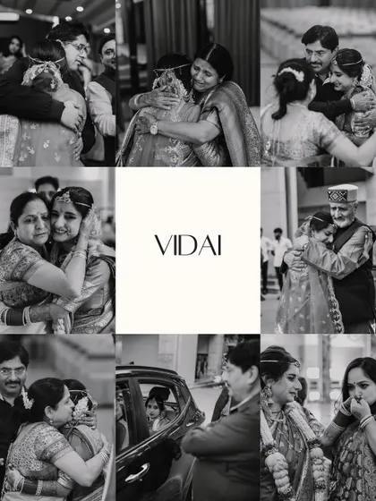 The Vidai is one of the most emotional moments of a wedding. This black and white collage captures the bittersweet goodbyes, the tears, and the tight hugs, preserving the profound love between a bride and her family as she begins her new journey.
