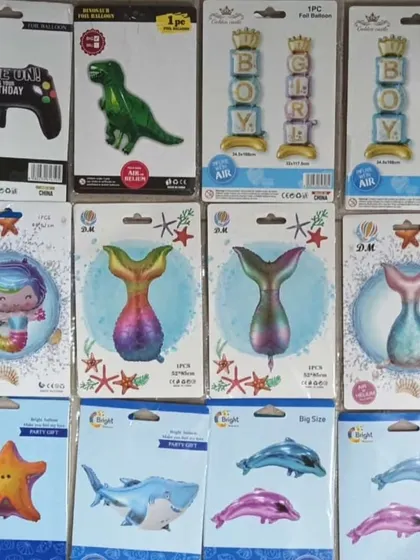 In addition to baby themes, I also stock foil balloons for other party themes. This includes mermaid, dinosaur, gaming, and sea animal designs for birthdays or other events.