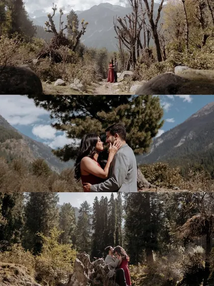 A collage capturing the breathtaking mountain scenery of Kashmir during a pre-wedding shoot, showing the couple immersed in the epic landscape.