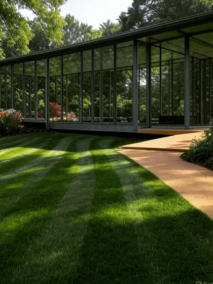 A glass pavilion with a wooden deck, overlooking a manicured lawn. The design combines the sleekness of glass and metal with the warmth of wood for a balanced aesthetic.
