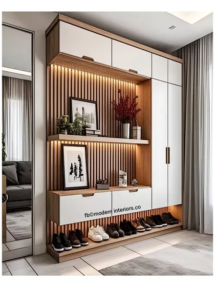 A space-saving shoe rack and cabinet concept that is perfect for any entryway. The vertical wood slats and integrated lighting add a touch of modern elegance.