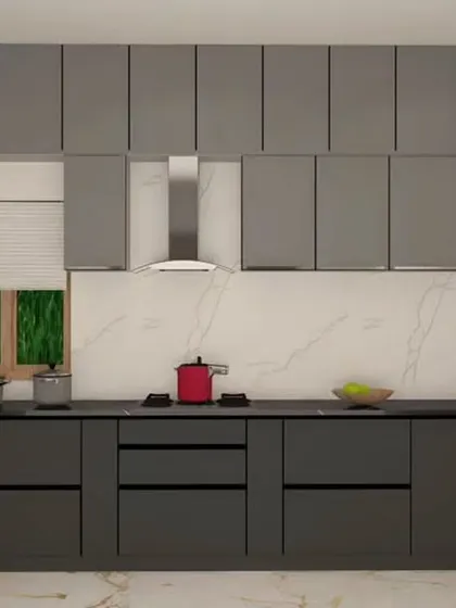 A minimalist straight kitchen in a uniform matte grey finish. The handleless design creates a clean, uninterrupted line, perfect for a modern home aesthetic.