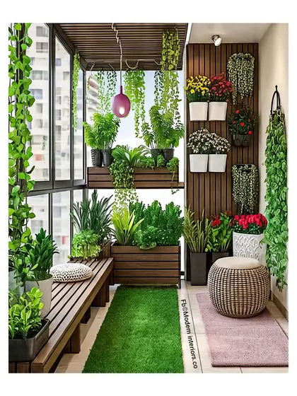 This design maximizes greenery in a compact space. I used a combination of wooden planters, wall-mounted pots, and hanging vines against a wood-paneled wall. A simple wooden bench and wicker stool provide seating without overwhelming the lush, garden-like setting.
