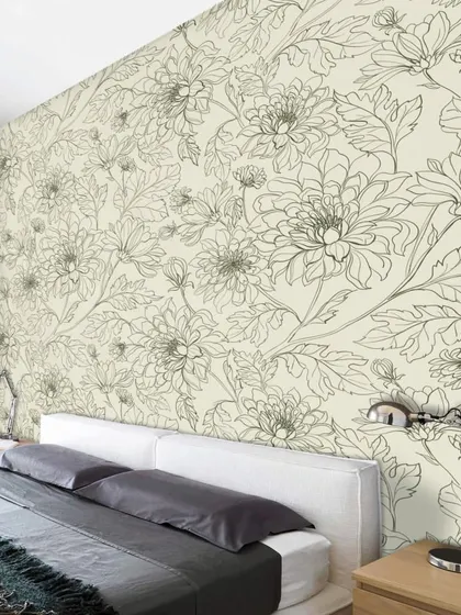 Our Chrysanthemums Floral Pattern wallpaper adds a touch of delicate elegance to this bedroom. The line art design is subtle yet sophisticated, creating a calm and restful atmosphere.