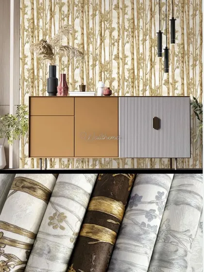 A collage showing a bamboo-patterned wallpaper in a room setting and as a collection of rolls.