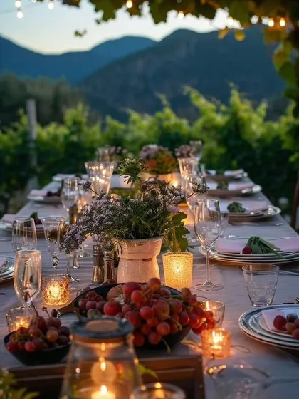 This is an inspiration for a rustic outdoor dinner party set against a mountain view. The design uses natural elements like potted herbs, fresh grapes, and simple glassware for an effortlessly elegant feel.