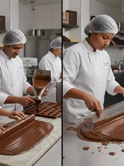 Chocolate moulds and a chocolate-working scene appear in our catalogue presentation for customised business chocolates.