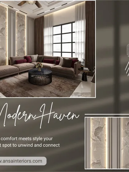 A modern haven where comfort meets style. This living room uses a neutral color palette, a large area rug to ground the space, and subtle backlighting on the wall panels to create a warm and inviting atmosphere.