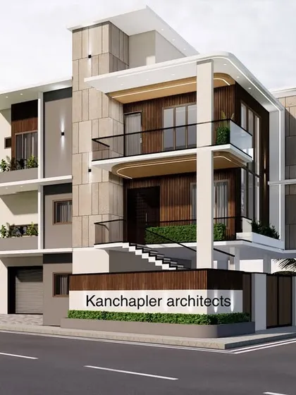 Another angle of the residential building concept, this 3D render provides a clearer view of the entrance and ground-floor commercial spaces. The design separates public and private areas while maintaining a unified aesthetic.