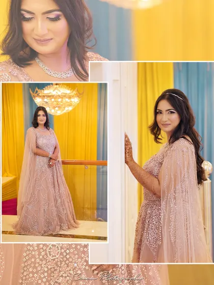 A collage of the bride's portraits from her engagement, showcasing her elegant gown and happy expressions.
