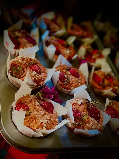 Apple and strawberry whole wheat eggless muffins for a sweet 16 school celebration. They are packed with fruit and look so pretty.