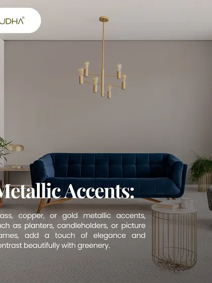 Metallic accents like brass, copper, or gold add a touch of elegance. These elements, whether as planters or furniture details, contrast beautifully with greenery, as seen in this sophisticated living room setup.