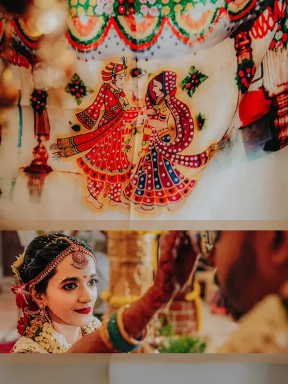 An artistic shot capturing the groom applying the sindoor on the bride's forehead, framed by a traditional painting. It’s a beautiful blend of art and real-life ritual.