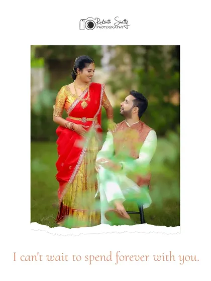 This photo combines a traditional South Indian couple portrait with a modern, artistic edit. The loving gaze between them is the focus, capturing a sweet moment of connection during their wedding festivities.