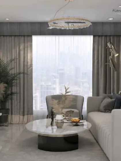 A bright and airy living room with a large window and sheer curtains. The neutral sofa, marble coffee table, and modern floor lamp create a sophisticated and comfortable urban living space.