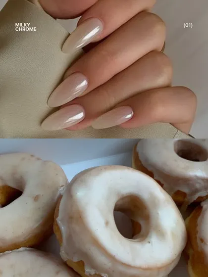 The "glazed donut" or milky chrome look is a fan favorite. This photo shows the subtle, pearlescent shine that gives nails a healthy, glowing finish.