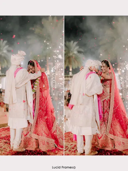 The Varmala ceremony captured with fireworks in the background, a truly explosive and magical moment.