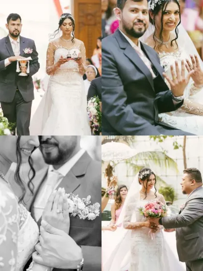 A collage of moments from the church ceremony, capturing the solemn vows, the exchange of rings, and the couple's first moments as husband and wife.
