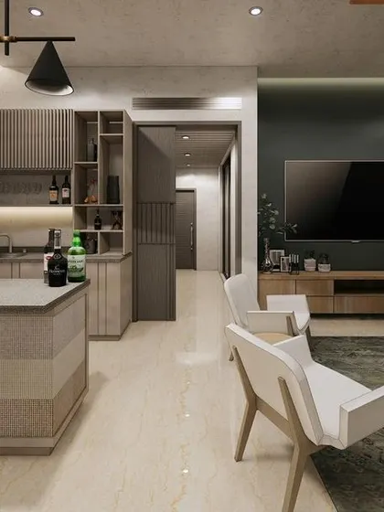 This render showcases an open-plan living area with a home bar. The design uses a consistent palette of wood and neutral tones, with a dark feature wall behind the TV to create a focal point.