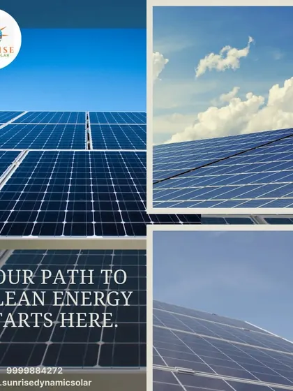 Your path to clean energy starts here. This collage shows the beauty and scale of solar panels under a clear blue sky, a symbol of a sustainable future.