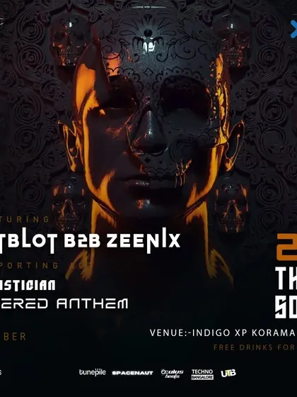 The poster for a B2B set with Zeenix at Indigo XP. Our "Comitas Rituals" nights are all about creating a unique, collaborative techno journey.