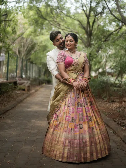A lovely couple portrait from my Bhale Shastra, with my husband and I in coordinated outfits.