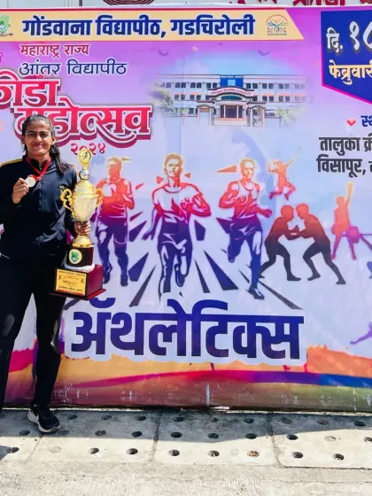 My athlete Saroj Shetty with her trophy and medal at the Maharashtra State Inter-University Championship. Her hard work paid off with a gold in the relay.