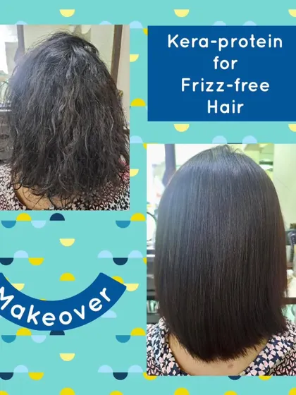 This client's frizzy hair was smoothed and styled with a Kera-Protein treatment. The 'after' photo shows a sleek, healthy bob that is now much easier for her to manage.