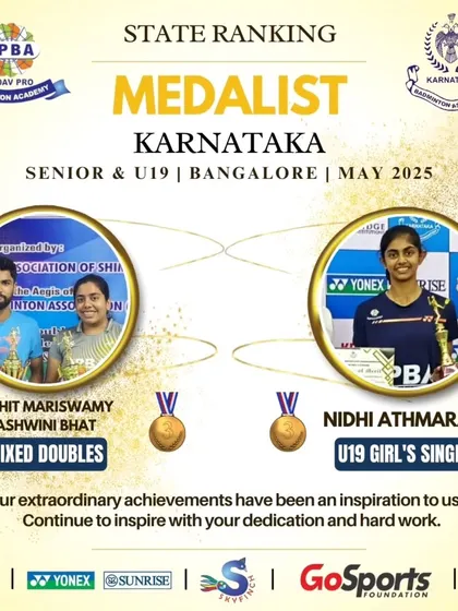 Rohit Mariswamy, Ashwini Bhat, and Nidhi Athmaram with their medals from the Karnataka Senior & U19 State Ranking.