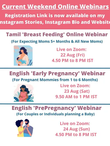 Check out the webinar schedule for August. We have sessions on Breast Feeding, Early Pregnancy, and Pre-Pregnancy. Comment the session name to get the registration link.