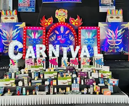 The main stage of a grand Carnival themed event we managed. The setup featured large light up letters, colorful backdrops, and a fully stocked prize table to create an authentic carnival vibe.