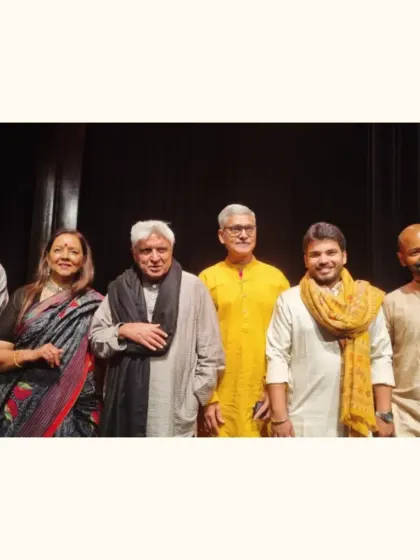 A group photograph with Javed Akhtar sahab, Sangeeta Datta aunty, and Soumik Datta da. Being part of such a beautifully curated show involving poetry, song, and music is a true privilege.