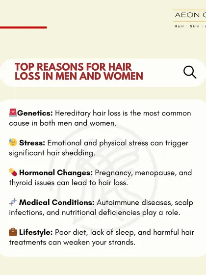 These are the top reasons for hair loss in both men and women: genetics, stress, hormonal changes, medical conditions, and lifestyle. We help you identify and address your specific cause.