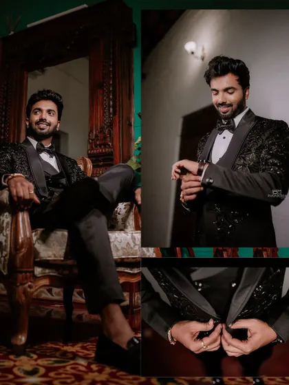 A collage showing the groom's stylish reception look and getting-ready details.