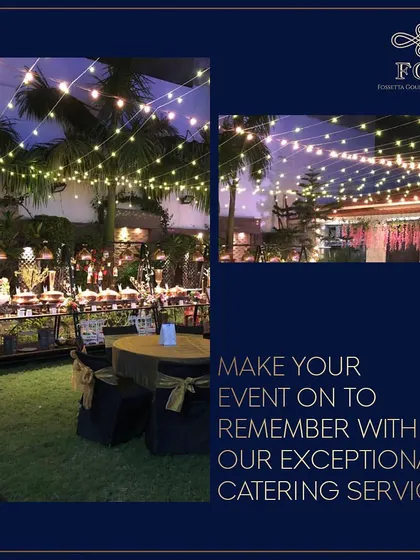 This promotional image captures the magical ambiance of our outdoor evening events. The combination of fairy lights and our beautifully arranged buffet promises an unforgettable catering experience.