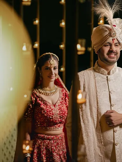Another perspective of the couple amidst the candlelit decor, with a beautiful flare effect that adds to the magic.