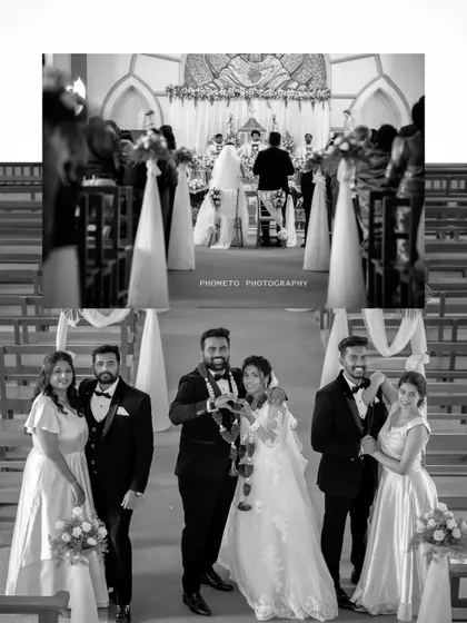 A black and white collage capturing scenes from inside the church and a happy group portrait with the wedding party.